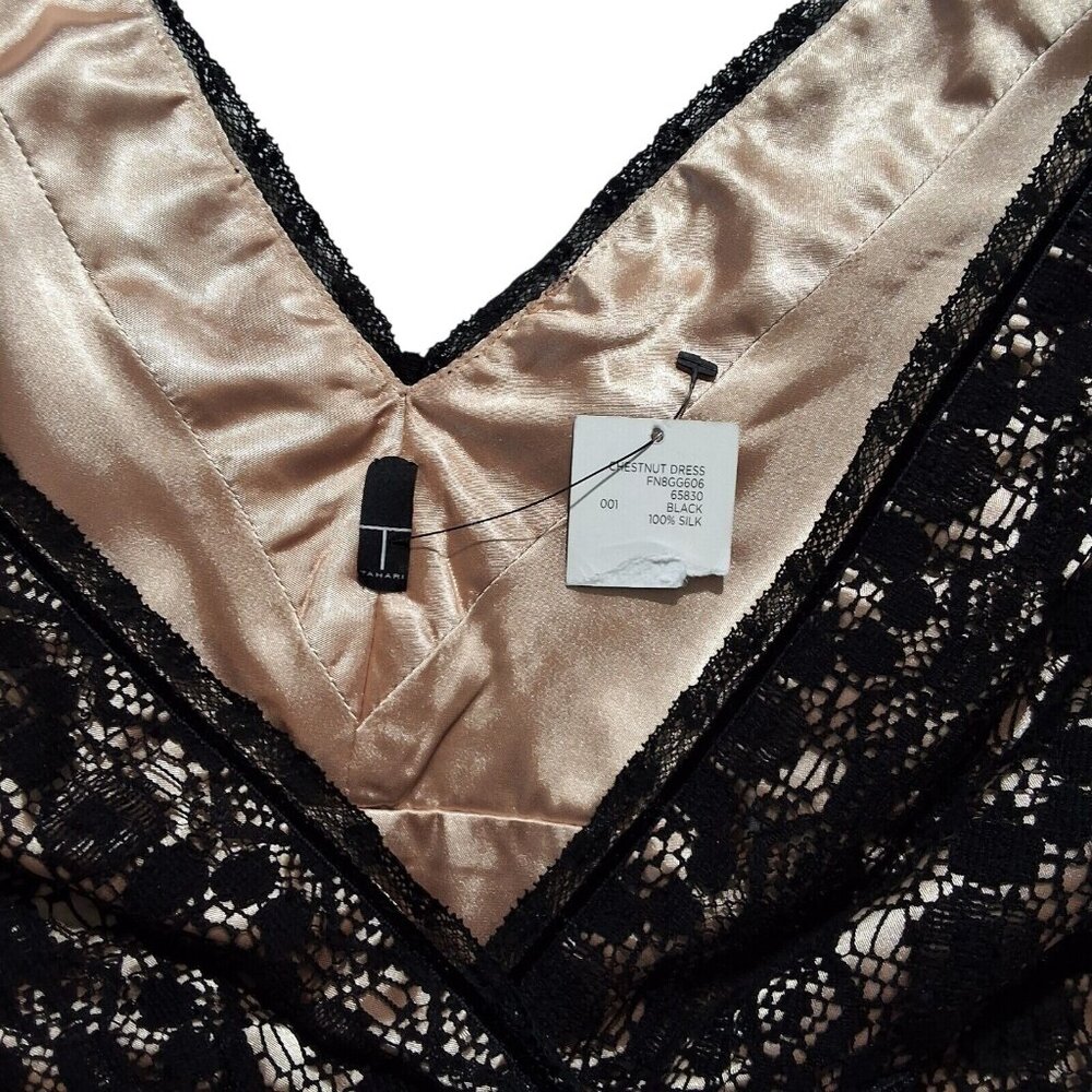 Tahari Black Champagne Cocktail Lace Crochet Ruffle 100% Silk Dress Sz 2 Formal‎ - Picture 4 of 7
